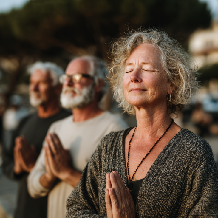 Пожилая женщина практикует йогу