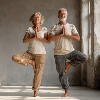 Группа пожилых людей занимается йогой